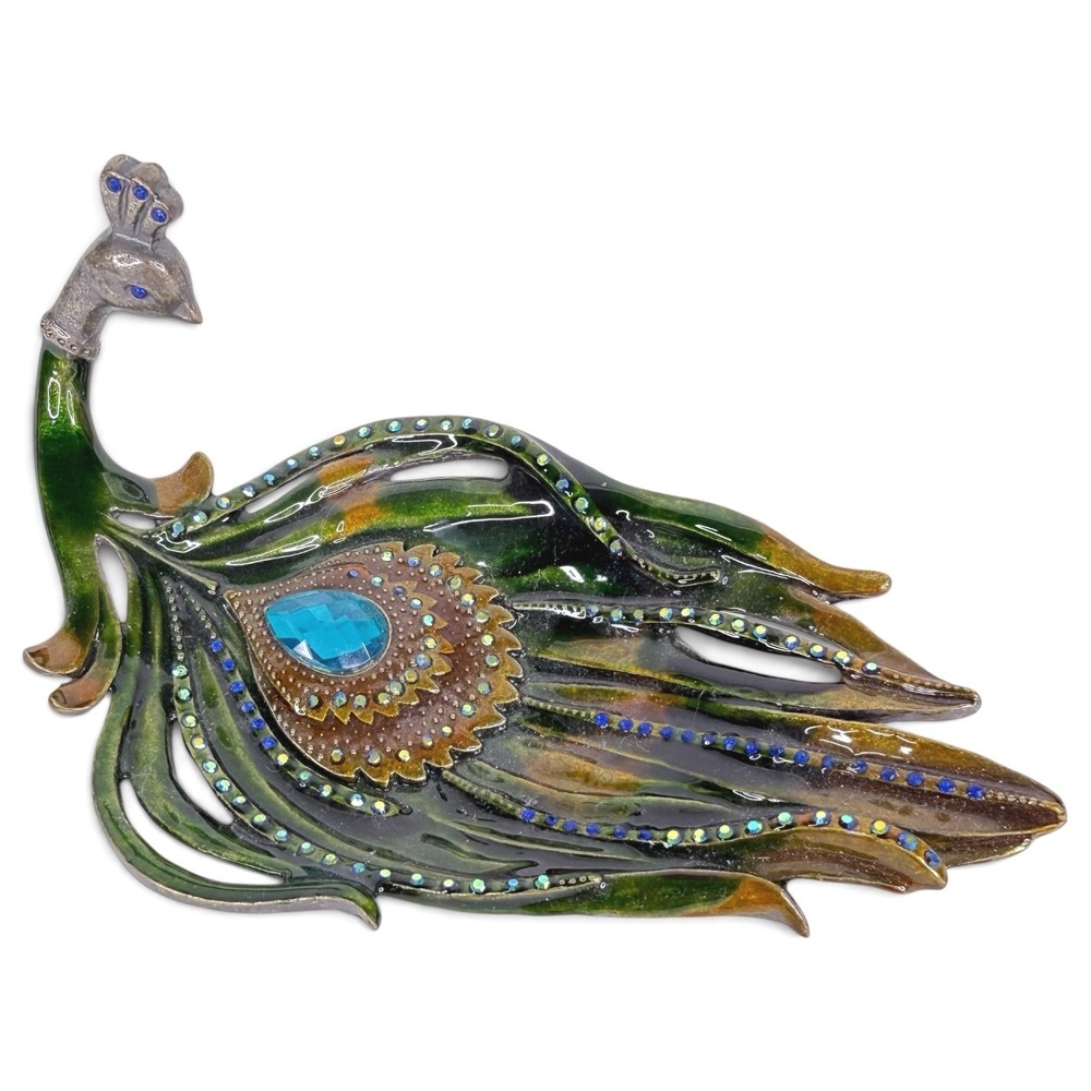 Peacock Trinket Dish Enamel Metal Green Blue Jeweled Crystal Decorative